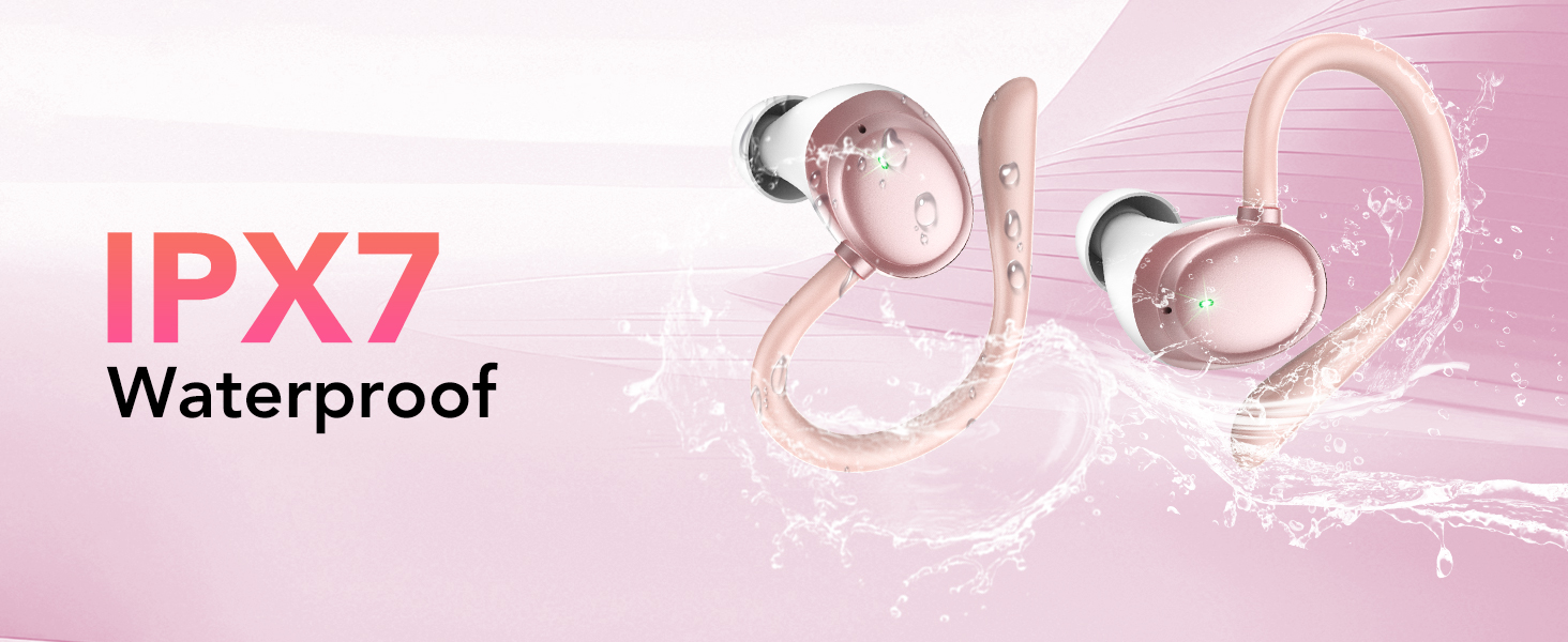 Text reads 'IPX7 Waterproof.' Product image showing three wireless earbuds in white and beige colors on pink gradient background indicating water-resistant specifications.