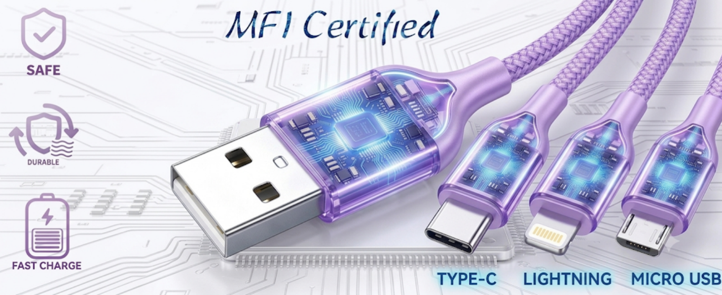 mfi certified purple multi charging cable 3 in 1 usb c cell phone charger cord usb to usb c
