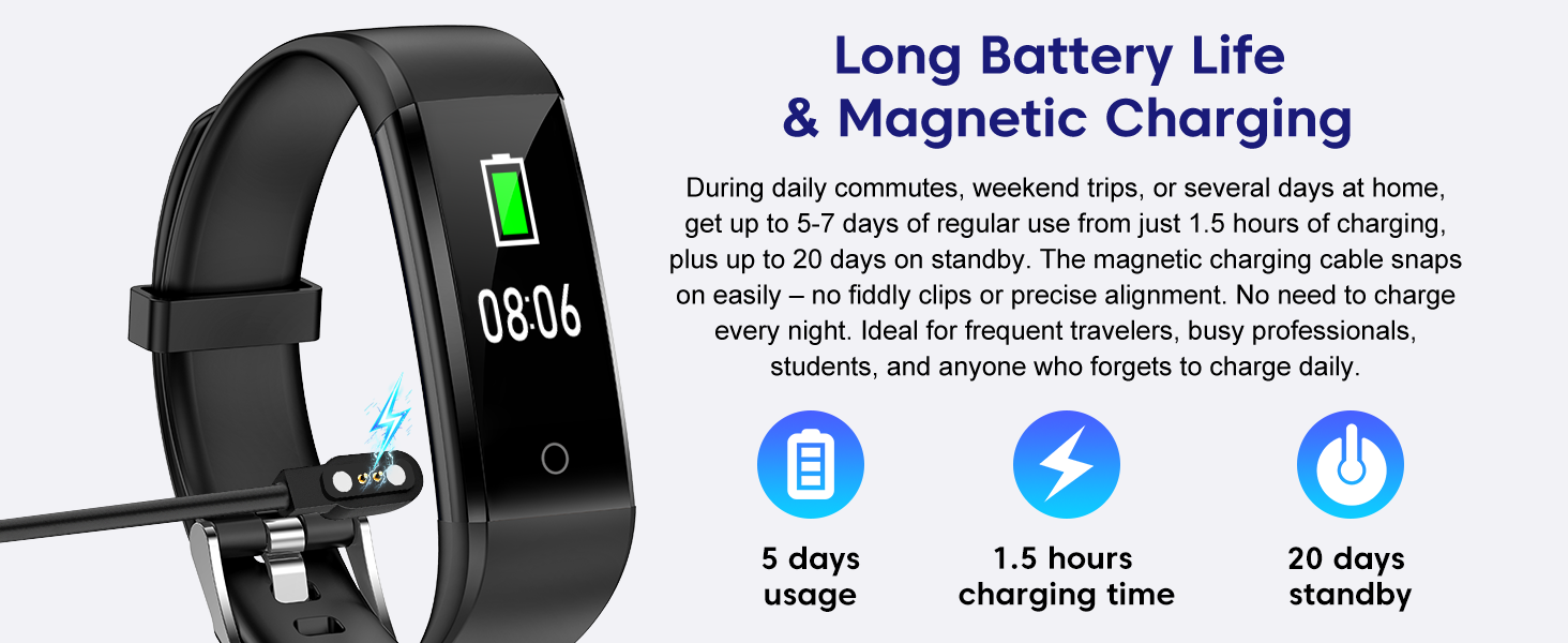 5-7 day battery, 1.5hr charge, 20-day standby. Magnetic fitness watch for travelers.