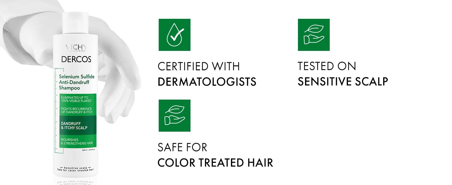 dercos anti dandruff shampoo certified with dermatologists tested on sensitive scalp color safe