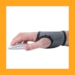 Gray wrist support or compression sleeve shown on hand against white background with orange border frame.