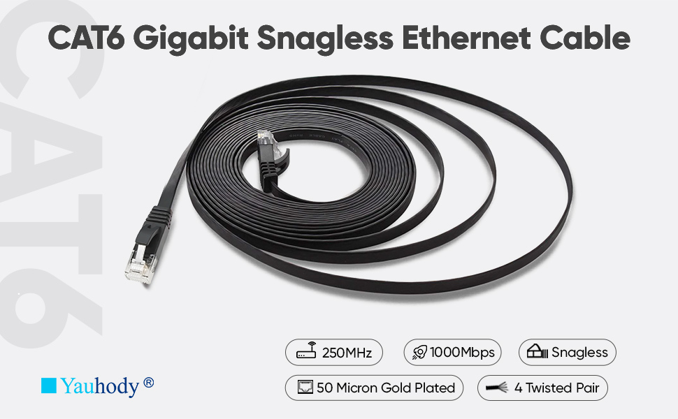 CAT6 Gigabit snagless Ethernet cable, black, flat design. Features 250MHz bandwidth, 1000Mbps speed, 50 micron gold-plated connectors, and 4 twisted pairs for enhanced performance.