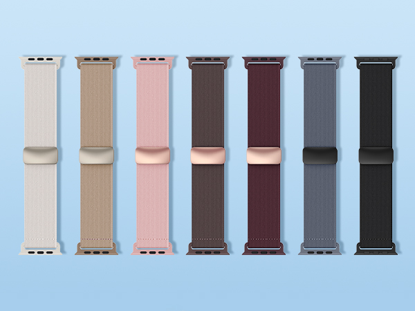 Display of smartwatch bands arranged horizontally on light blue background, showing various colors including beige, pink, brown, burgundy, gray, and black.