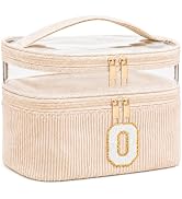 imerelez Initial Makeup Bag for Women, Double Layer Corduroy Cosmetic Bag, Preppy Letter Travel T...