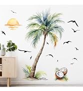 Supzone Palm Tree Wall Decals Tropical Plant Sunset Beach Wall Stickers Peel and Stick Wall Art D...