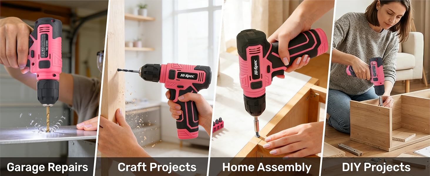 Hi-Spec 8V USB Pink Drill Driver and Home Tool Kit