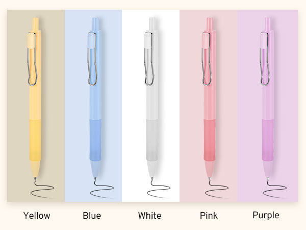 Five slim retractable pens in pastel colors: yellow, blue, white, pink, and purple. Each pen has a matching clip and is shown with a simple line drawn beneath it.