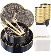 DaYammi 175PCS Clear Black and Gold Plastic Dinnerware Set for Halloween, Hammered Disposable Pla...