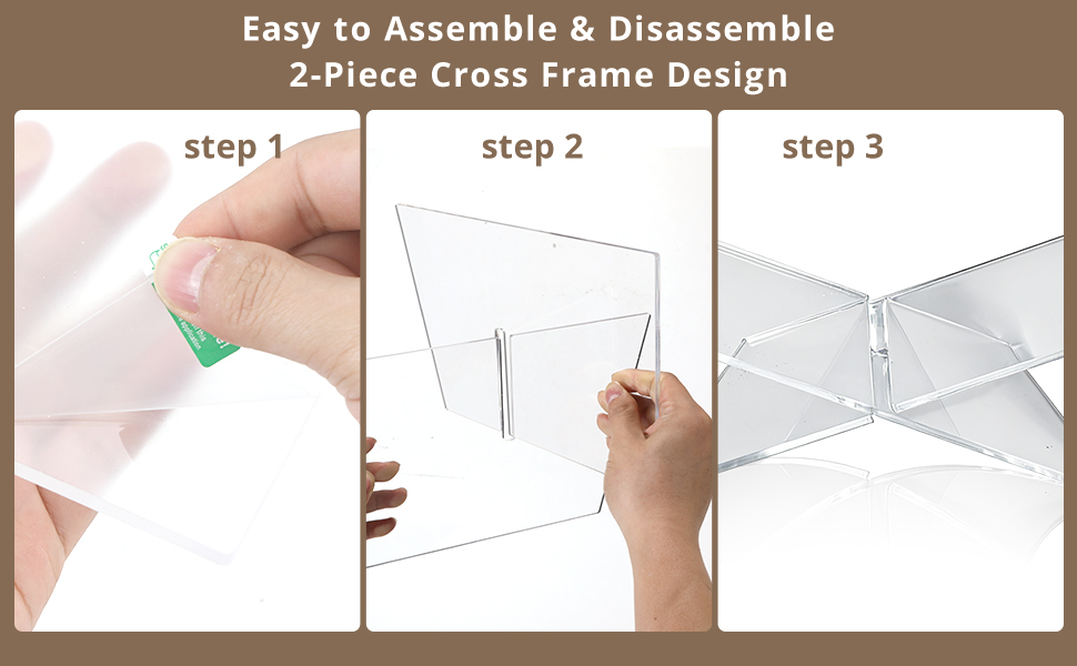 step-by-step assembly of clear acrylic book stand with two-piece cross frame design