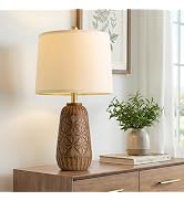 BOBOMOMO 24" Modern Farmhouse Table Lamp, Geometric Hand-Carved Resin Bedside Lamp with Wood Grai...