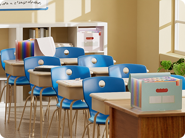 Educational or classroom setting with rows of bright blue chairs and wooden tables. Natural light streams through windows illuminating the learning space.
