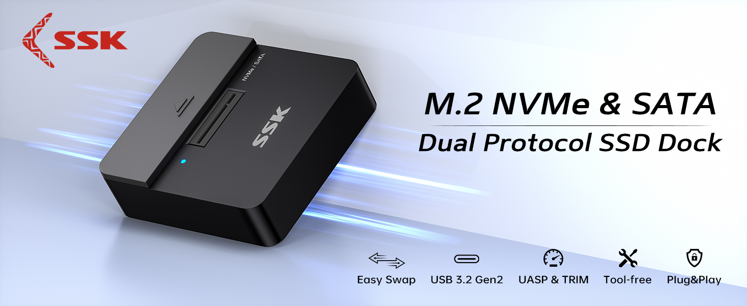 Text reads 'M.2 NVMe & SATA Dual Protocol SSD Dock'. Black SSK brand external drive dock with multiple connection ports and status indicators shown from multiple angles.