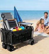 Beach Wagons Carts Foldable for Sand, Heavy Duty Collapsible Wagon with Brakes & All-Terra...