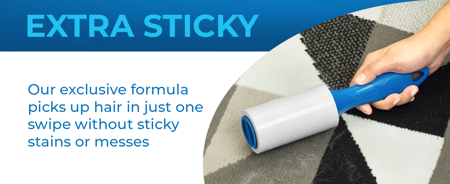 Text reads 'EXTRA STICKY' followed by multiple images showing a cleaning device being used on what appears to be upholstered furniture or fabric surfaces.