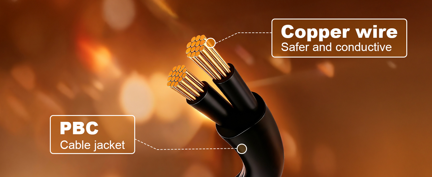Text reads 'Copper wire', 'PBC', 'Safer and conductive'. Product component diagram showing internal wiring against warm amber background with technical callouts.