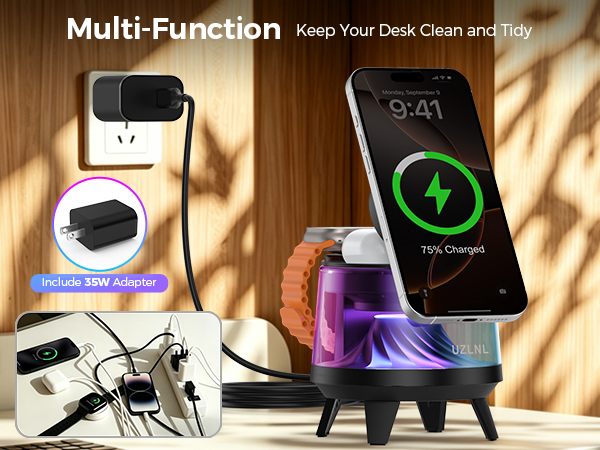 All-in-one wireless charger with 35W adapter, multi-function for a tidy desk
