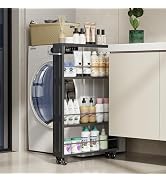 KLM Rolling Storage Cart 4-Tier Black Kitchen Cart with Wheels, Slim Storage Cart with Handle Sli...