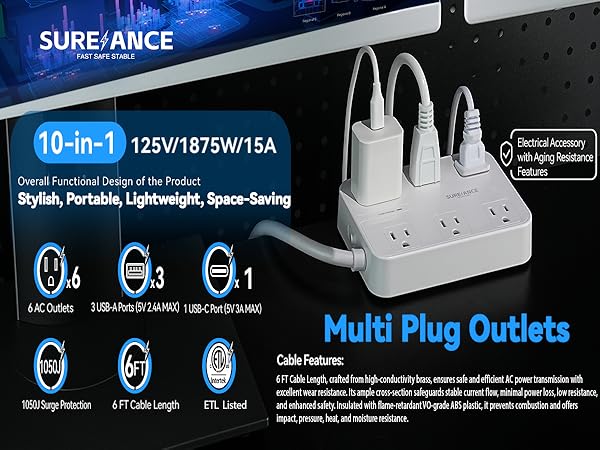 6 outlet power strip with 3 USB-A and 1 USB-C