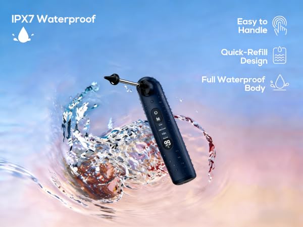 Text reads 'IPX7 Waterproof', 'Full Waterproof Body'. Marketing images showing water splashing around electronic device against blue background demonstrating waterproof features.