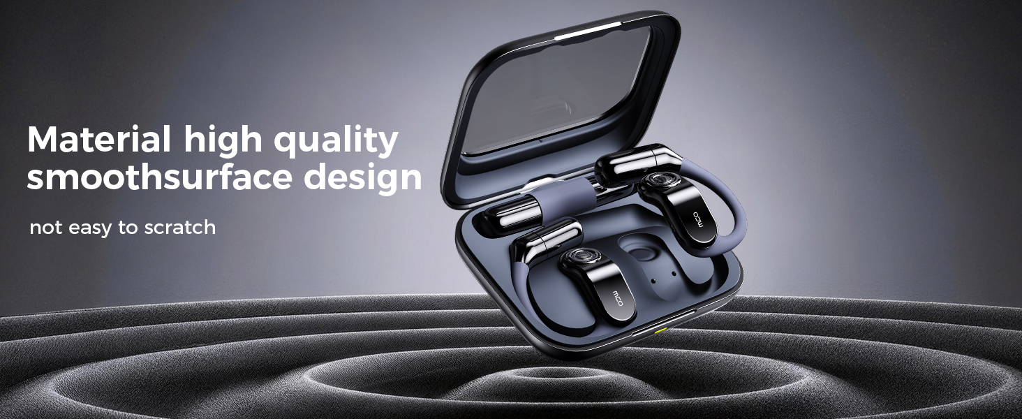 Text reads 'Material high quality smooth surface design'. Close-up product shots showing sleek, glossy black surface with curved design elements and reflective highlights.