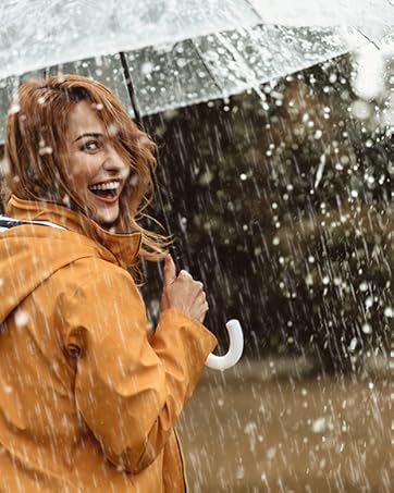 woman in yellow raincoat holding an umbrella