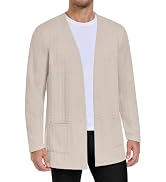 PEGENO Mens Texture Long Cardigan Open Front Casual Lightweight with Pockets