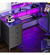 Huuger 47 Inch Computer Desk with Power Outlets and LED Lights, Gaming Desk with 4 Drawers, Offic...