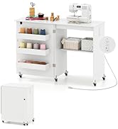 Giantex Folding Sewing Table with Charging Station, Rolling Craft Table with Storage Trays & Shel...