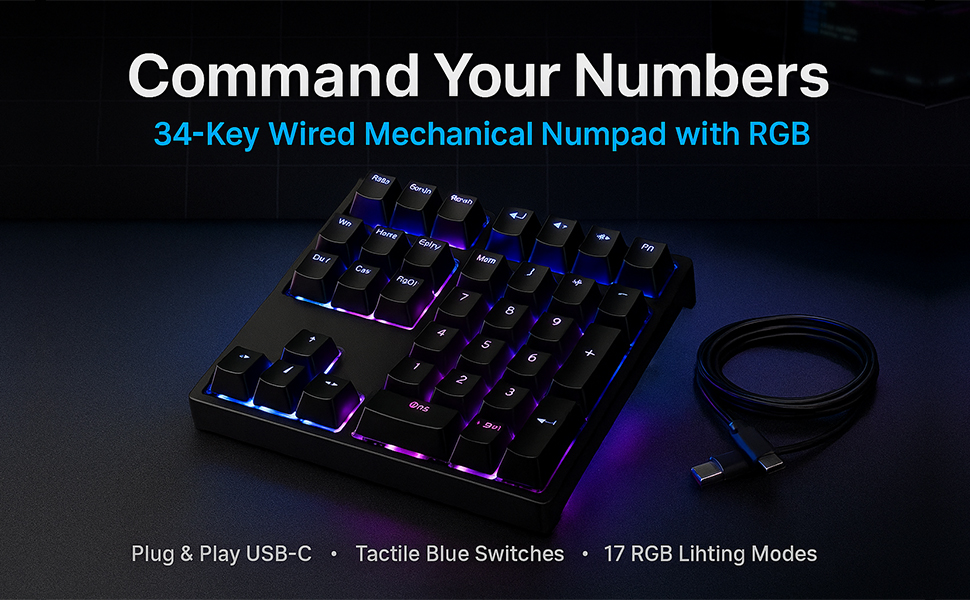 Text reads 'Command Your Numbers' and '34-Key Wired Mechanical Numpad with RGB'. Product shots showing the keypad with RGB backlight illumination in different colors.