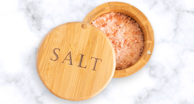 Salt cellar with "Salt" engraved in bamboo lid