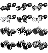 NEWITIN 12 Pairs Stainless Steel Stud Earrings for Men Hypoallergenic Earring Flatback Black Earr...
