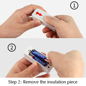 Two-part image showing hands removing insulation from a battery. Step 1: Pulling off white insulation tab. Step 2: Fully removed insulation piece next to battery.