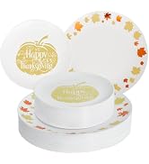ISFANGCO 60 PCS Plastic Thanksgiving Plates Set for 30 Guests-30 White Dinner Plate with Gold and...