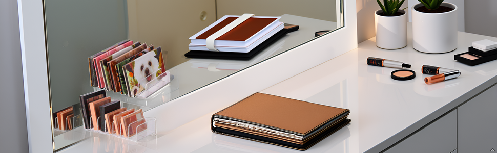 A sleek and modern vanity table with the product neatly organizing various makeup items.
