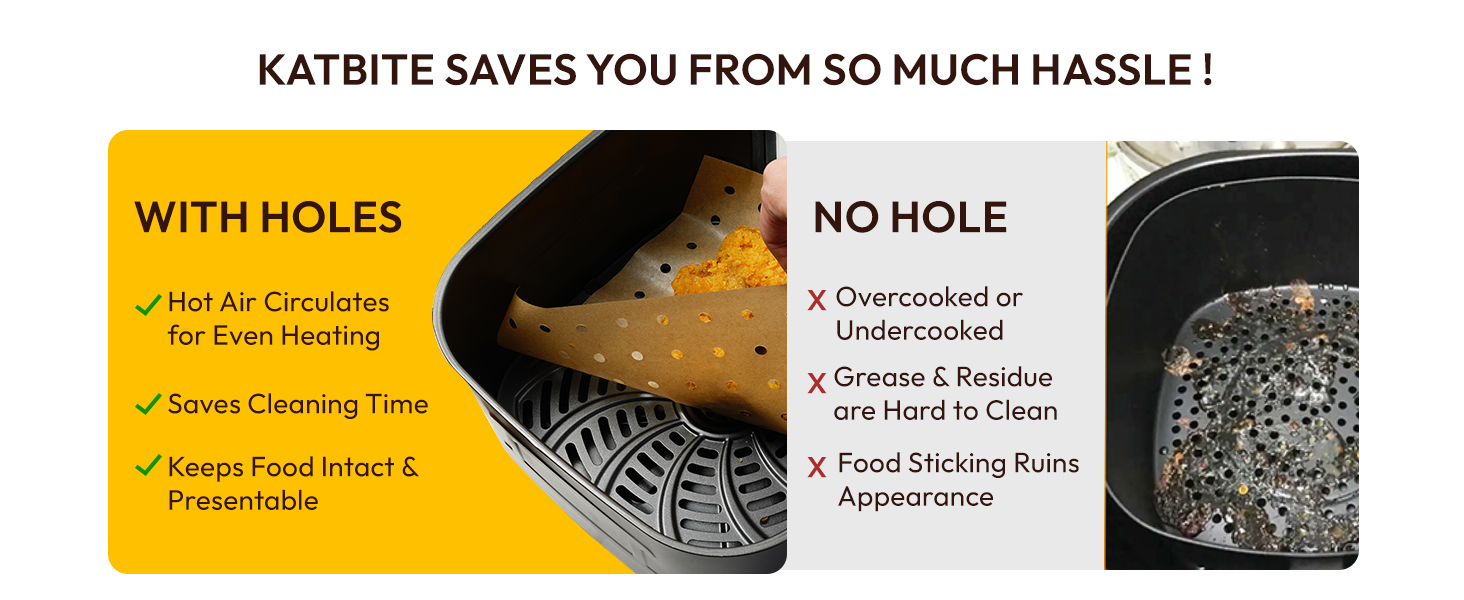Split image comparing air fryer baskets with and without holes. Left side shows perforated basket with benefits listed. Right side shows solid basket with drawbacks listed.