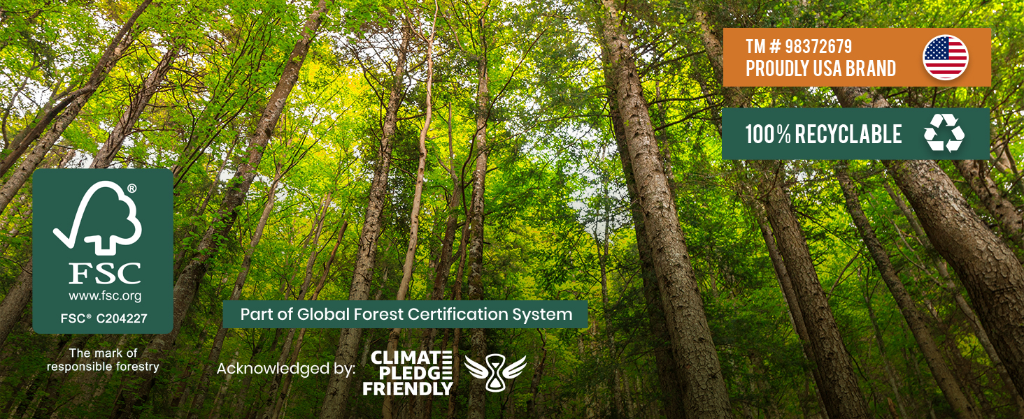 Forest canopy image with FSC certification logo, indicating part of forest certification system promoting sustainable forest management.