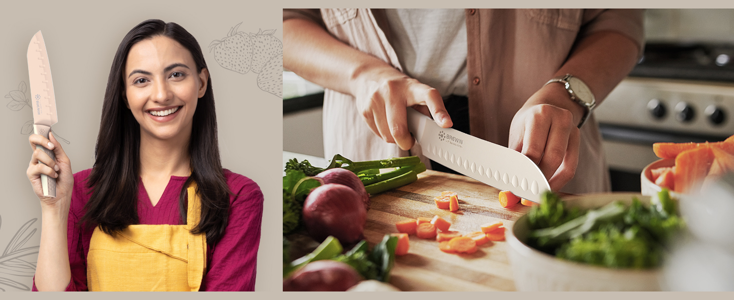 Santoku knife slicing vegetables in kitchen, shown with happy user holding knife