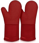 Extra Long Silicone Oven Mitts, sungwoo Durable Heat Resistant Oven Gloves with Quilted Liner Non...