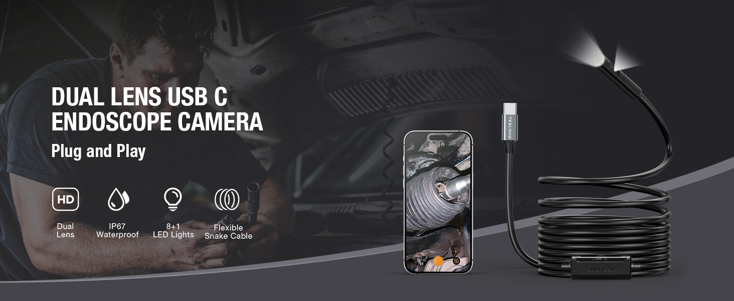 USB C Dual Lens Endoscope Camera with Light for iPhone Snake Borescope Inspection Cam Fiber Optic