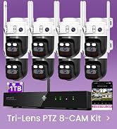xmartO 16CH 8Pcs 6MP Tri-Lens PTZ Security Camera System, 16CH 4K WiFi 6 Mesh NVR with 1TB NVR, 3...
