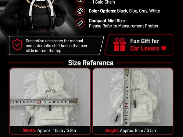 Product details for the mini hoodie shift knob cover, including size, contents, and colors.