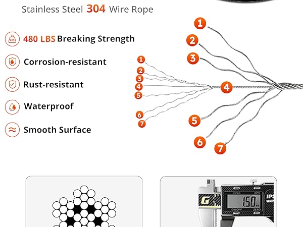 CHIWODA 304 stainless steel wire rope, 7x7 construction with 480 lb breaking strength.