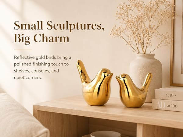 Small Gold Bird Sculptures for Tabletop Decor