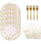 48PCS White and Gold Plates and Napkins Party Supplies, Gold Dot Disposable Party Paper Plates an...