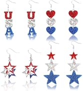 CAVETEE 4 Pairs Patriotic Earrings Set, USA Flag Dangle Earrings for Independence Day