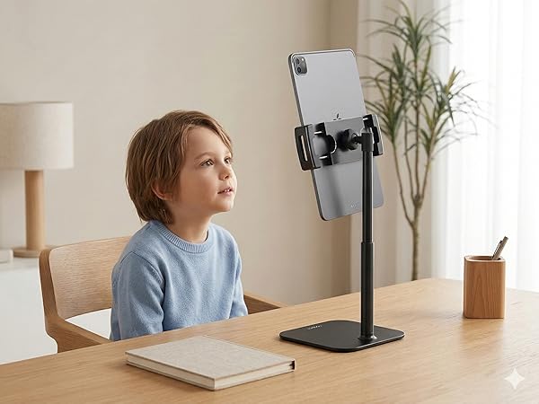 Adjustable iPad stand with heavy base, tablet holder for desk and stable iPad stand for kitchen