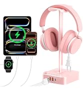 Pink Headphone Stand with USB Charger, Gaming Headset Holder with 3 USB Ports & 2 AC Outlets, PD ...