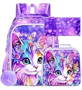 ZLYERT 16" Cat Backpack for Girls, 3Pcs Kids School Backpacks with Lunch Box, Bookbag for Element...
