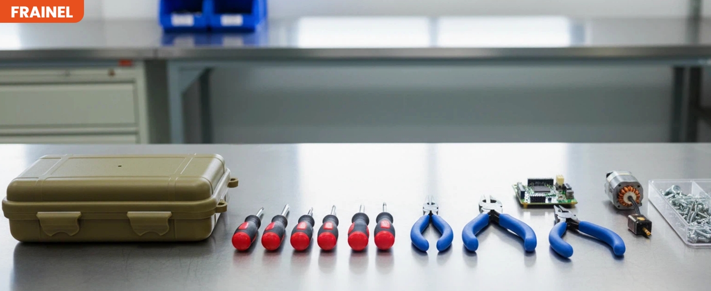 Case on workbench with tools and electronic components