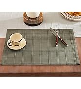 ZeeMart Linen Checked Placemats Set of 6, Plaid Embroidery Textured Table Mats, Double Layer Thic...